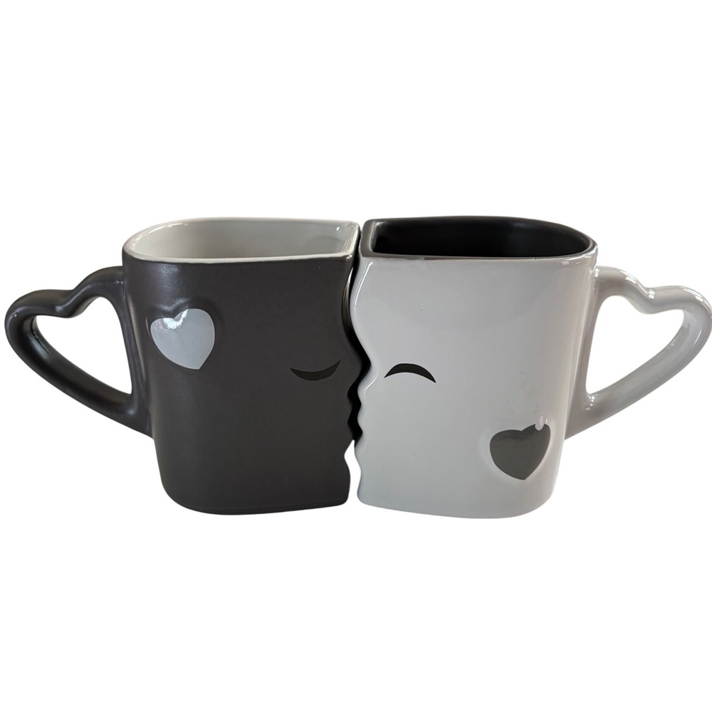 Kissing Face Interlocking Ceramic Mug Set Black White Heart Handles 2pc
